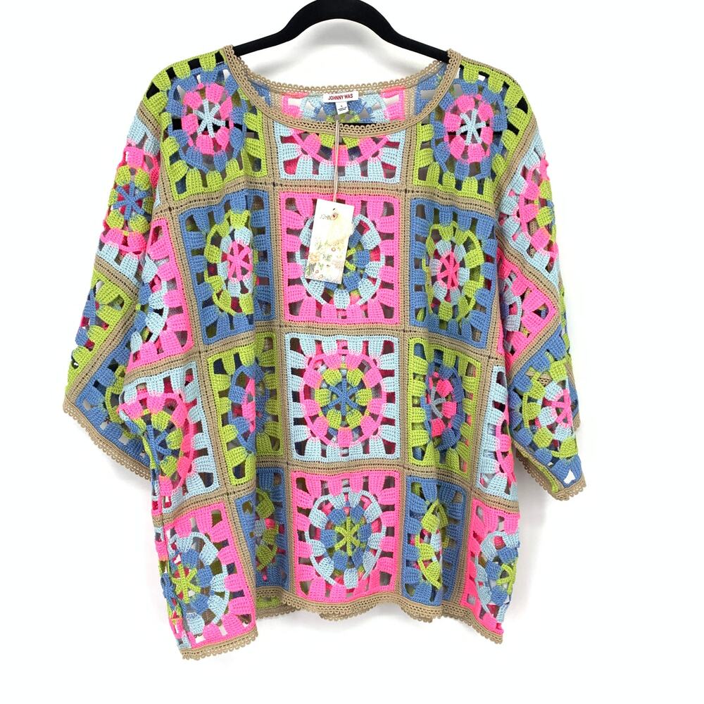 Johnny Was Florabelle Crochet Top Multicolor Short Sleeve Womens L 70s Style NEW